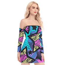 Load image into Gallery viewer, Graffiti Art Z striped stars Print Women&#39;s Off-shoulder Back Lace-up Dress. (SPI)