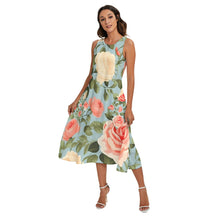 Load image into Gallery viewer, Pink, white roses floral Print Women&#39;s (Lt Blue) Sleeveless Dress With Diagonal Pocket. (SPI)