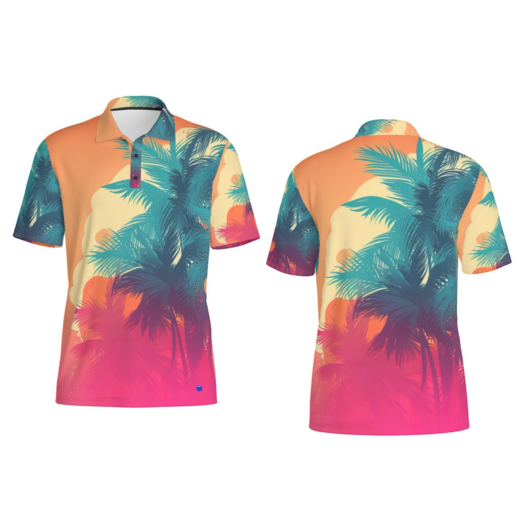 Blue Palm Trees Print Men's Polo Collar Jersey