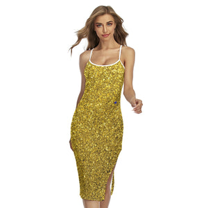 Gold GLT Print Women's Back Cross Cami Dress. (SPI)