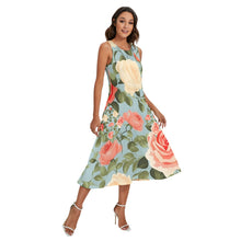 Load image into Gallery viewer, Pink, white roses floral Print Women&#39;s (Lt Blue) Sleeveless Dress With Diagonal Pocket. (SPI)