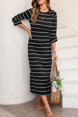 Black Striped Casual Slit Long Dress. (SPI)