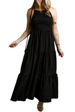 Load image into Gallery viewer, Black Spaghetti Straps Smocked Pleated Tiered Maxi Dress. (SPI)