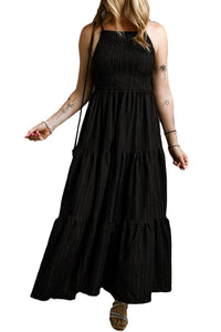 Black Spaghetti Straps Smocked Pleated Tiered Maxi Dress. (SPI)