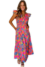 Load image into Gallery viewer, Rose Red Boho Floral V Neck Ruffle Tiered Long Dress. (SPI)