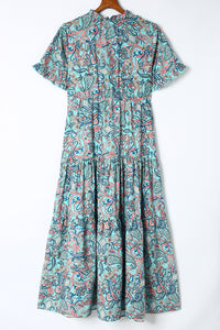 Sky Blue Paisley Print Boho Holiday Ruffle Tiered Maxi Dress. (SPI)