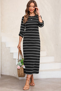 Black Striped Casual Slit Long Dress. (SPI)