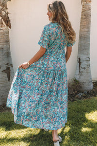 Sky Blue Paisley Print Boho Holiday Ruffle Tiered Maxi Dress. (SPI)