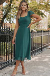 Sea Green Shirred Open Back Sweetheart Neck Ruffled Midi Dress. (SPI)