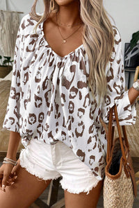 Khaki Leopard Print Ruched V Neck 3/4 Sleeve Blouse. (SPI)