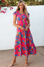 Load image into Gallery viewer, Rose Red Boho Floral V Neck Ruffle Tiered Long Dress. (SPI)