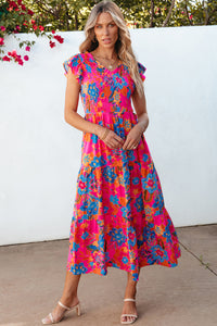 Rose Red Boho Floral V Neck Ruffle Tiered Long Dress. (SPI)