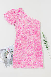 Pink Sequin One Shoulder Puff Sleeve Bodycon Mini Dress. (SPI)