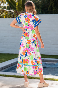 Pink Ricrac Trim Flutter Sleeve Buttoned Floral Maxi Dress. (SPI)