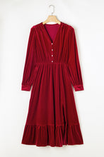 Load image into Gallery viewer, Racing Red Velvet Buttoned Puff Sleeve V Neck Split Midi Dress. (SPI)