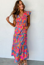 Load image into Gallery viewer, Rose Red Boho Floral V Neck Ruffle Tiered Long Dress. (SPI)