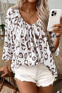 Khaki Leopard Print Ruched V Neck 3/4 Sleeve Blouse. (SPI)