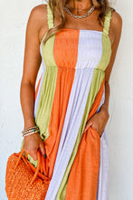 Load image into Gallery viewer, Green Color Block Shirred High Waist Fit and Flare Maxi Dress. (SPI)