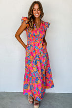 Load image into Gallery viewer, Rose Red Boho Floral V Neck Ruffle Tiered Long Dress. (SPI)