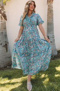 Sky Blue Paisley Print Boho Holiday Ruffle Tiered Maxi Dress. (SPI)