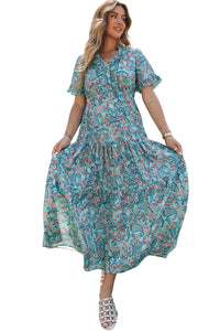 Sky Blue Paisley Print Boho Holiday Ruffle Tiered Maxi Dress. (SPI)