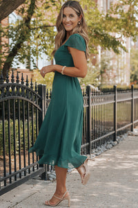 Sea Green Shirred Open Back Sweetheart Neck Ruffled Midi Dress. (SPI)