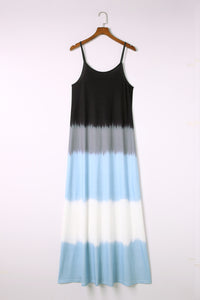 Sky Blue Spaghetti Strap Tie Dye Slit Maxi Dress. (SPI)