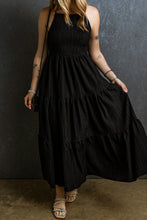 Load image into Gallery viewer, Black Spaghetti Straps Smocked Pleated Tiered Maxi Dress. (SPI)