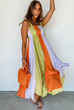 Load image into Gallery viewer, Green Color Block Shirred High Waist Fit and Flare Maxi Dress. (SPI)