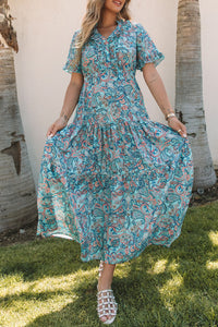 Sky Blue Paisley Print Boho Holiday Ruffle Tiered Maxi Dress. (SPI)