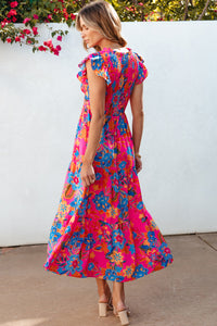 Rose Red Boho Floral V Neck Ruffle Tiered Long Dress. (SPI)