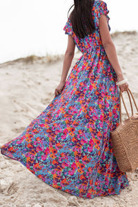 Blue Floral Print V Neck Wrap Split Maxi Dress. (SPI)