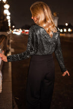 Load image into Gallery viewer, Black Sequin Mesh Long Sleeve Surplice Neck Bodysuit. (SPI)