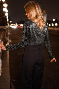 Black Sequin Mesh Long Sleeve Surplice Neck Bodysuit. (SPI)