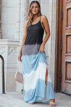 Load image into Gallery viewer, Sky Blue Spaghetti Strap Tie Dye Slit Maxi Dress. (SPI)