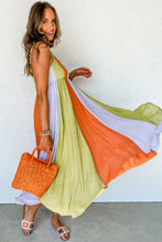 Load image into Gallery viewer, Green Color Block Shirred High Waist Fit and Flare Maxi Dress. (SPI)