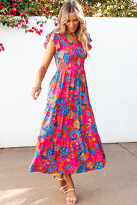 Rose Red Boho Floral V Neck Ruffle Tiered Long Dress. (SPI)