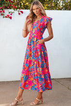 Load image into Gallery viewer, Rose Red Boho Floral V Neck Ruffle Tiered Long Dress. (SPI)