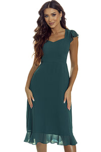 Sea Green Shirred Open Back Sweetheart Neck Ruffled Midi Dress. (SPI)