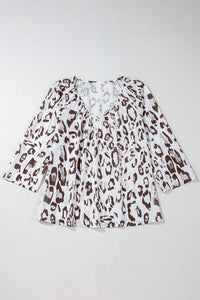 Khaki Leopard Print Ruched V Neck 3/4 Sleeve Blouse. (SPI)