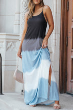 Load image into Gallery viewer, Sky Blue Spaghetti Strap Tie Dye Slit Maxi Dress. (SPI)