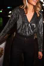 Load image into Gallery viewer, Black Sequin Mesh Long Sleeve Surplice Neck Bodysuit. (SPI)