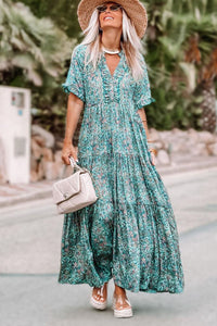 Sky Blue Paisley Print Boho Holiday Ruffle Tiered Maxi Dress. (SPI)