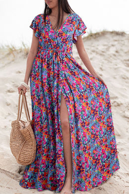 Blue Floral Print V Neck Wrap Split Maxi Dress. (SPI)