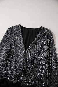 Black Sequin Mesh Long Sleeve Surplice Neck Bodysuit. (SPI)