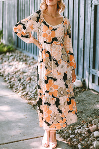 Tie Waist Puff Sleeve Bold Floral Maxi Dress. (SPI)