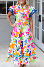 Load image into Gallery viewer, Pink Ricrac Trim Flutter Sleeve Buttoned Floral Maxi Dress. (SPI)