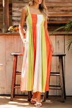 Load image into Gallery viewer, Green Color Block Shirred High Waist Fit and Flare Maxi Dress. (SPI)