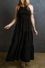 Load image into Gallery viewer, Black Spaghetti Straps Smocked Pleated Tiered Maxi Dress. (SPI)