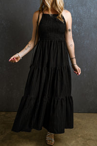 Black Spaghetti Straps Smocked Pleated Tiered Maxi Dress. (SPI)